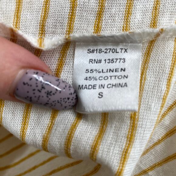 Olivaceous White Gold Stripe Twist Front Scoop Neck Linen Blend Tee Shirt Small - Picture 6 of 6